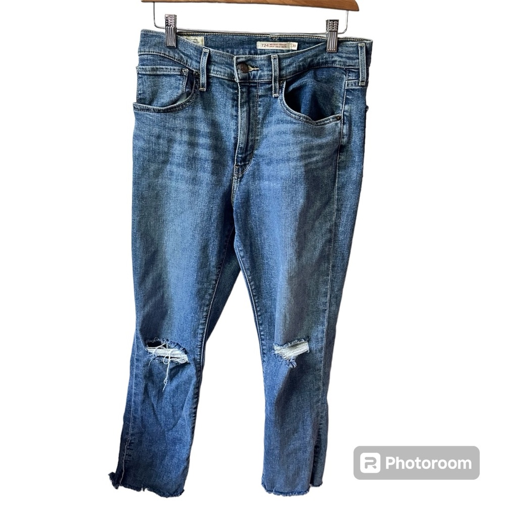 Levi's 724 High Rise Straight Denim Jeans Size 30 Distressed Raw Hem